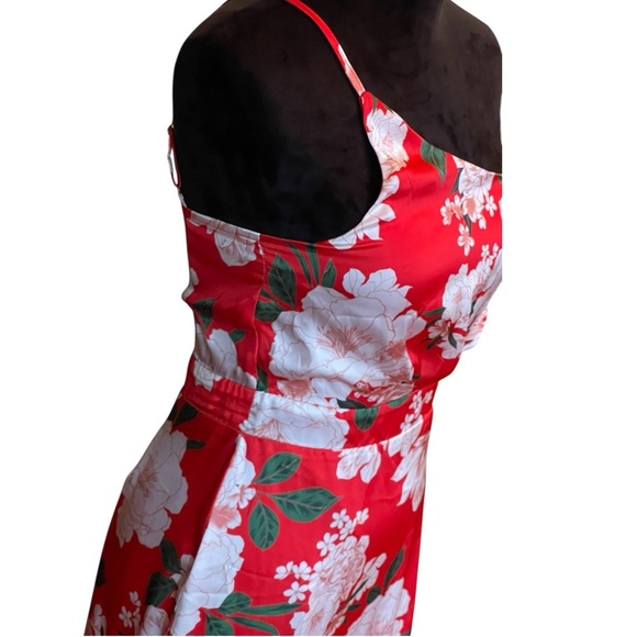 LULUS TRUELY DARLING RED FLORAL PRINT SATIN ONE-SHOULDER MIDI DRESS SZ S - Picture 7 of 12